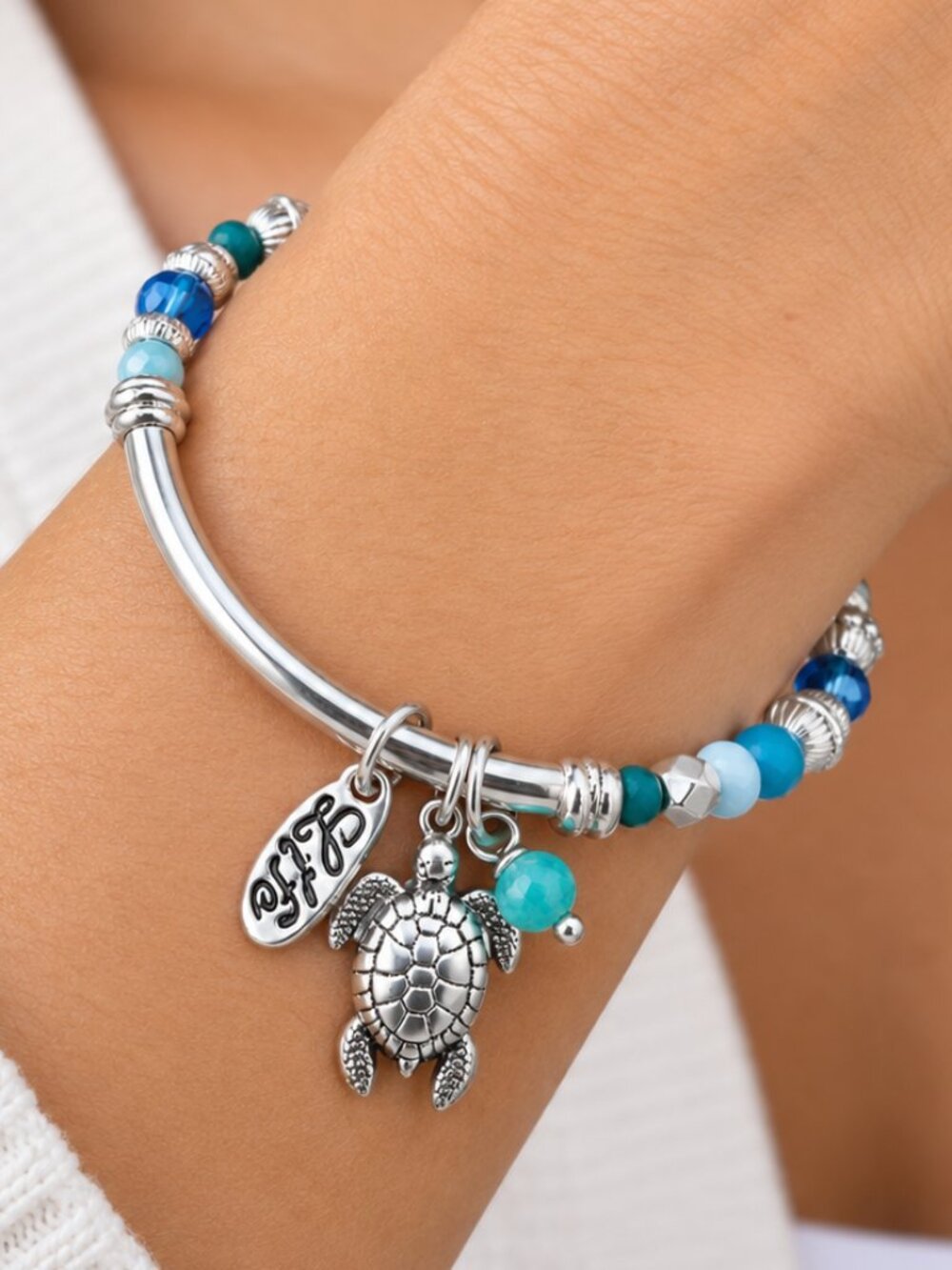 Blue Turquoise Beaded Turtle Charm Bangle Bracelet